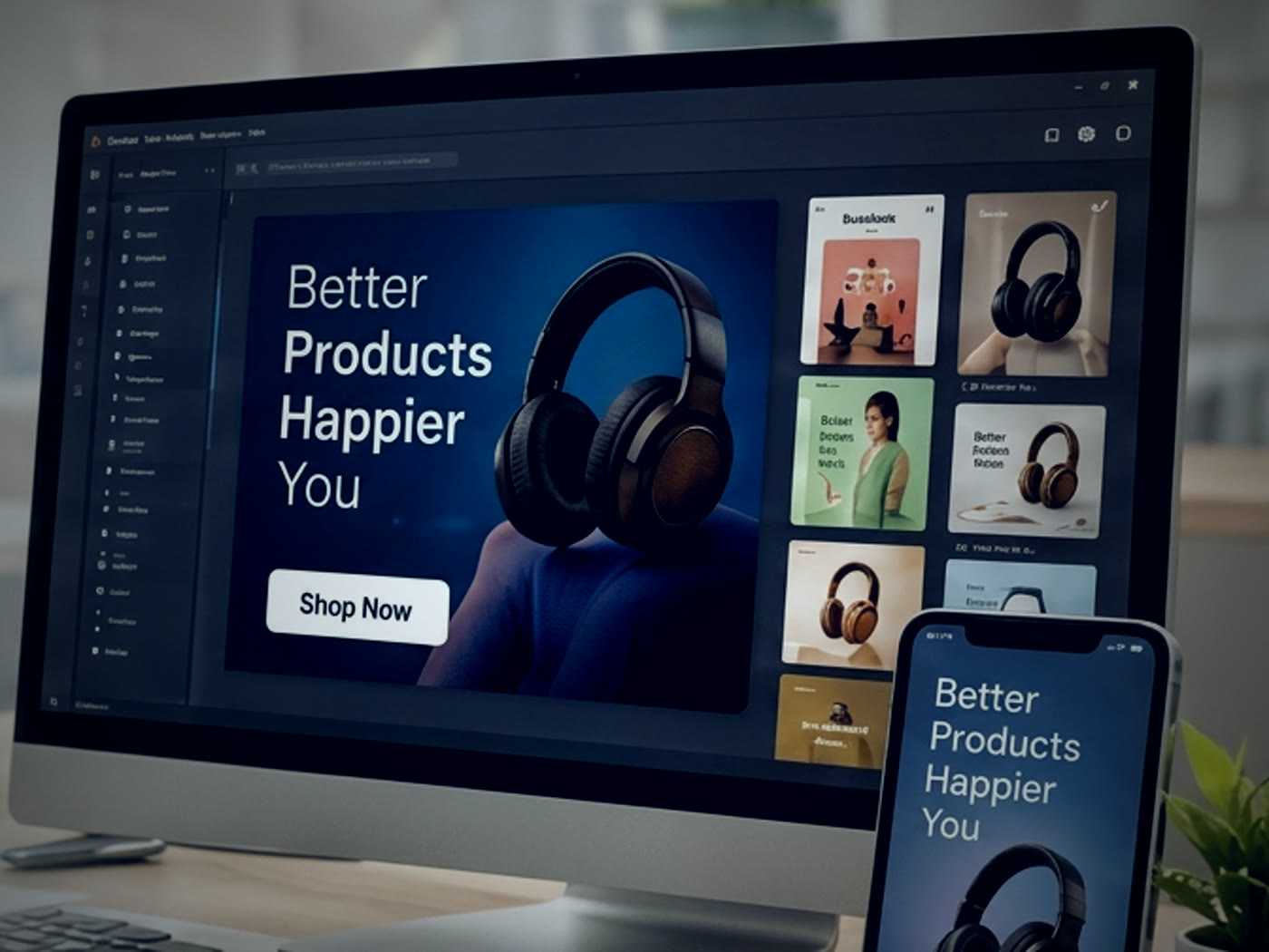 An advertising creative being designed on a monitor beside its mobile version