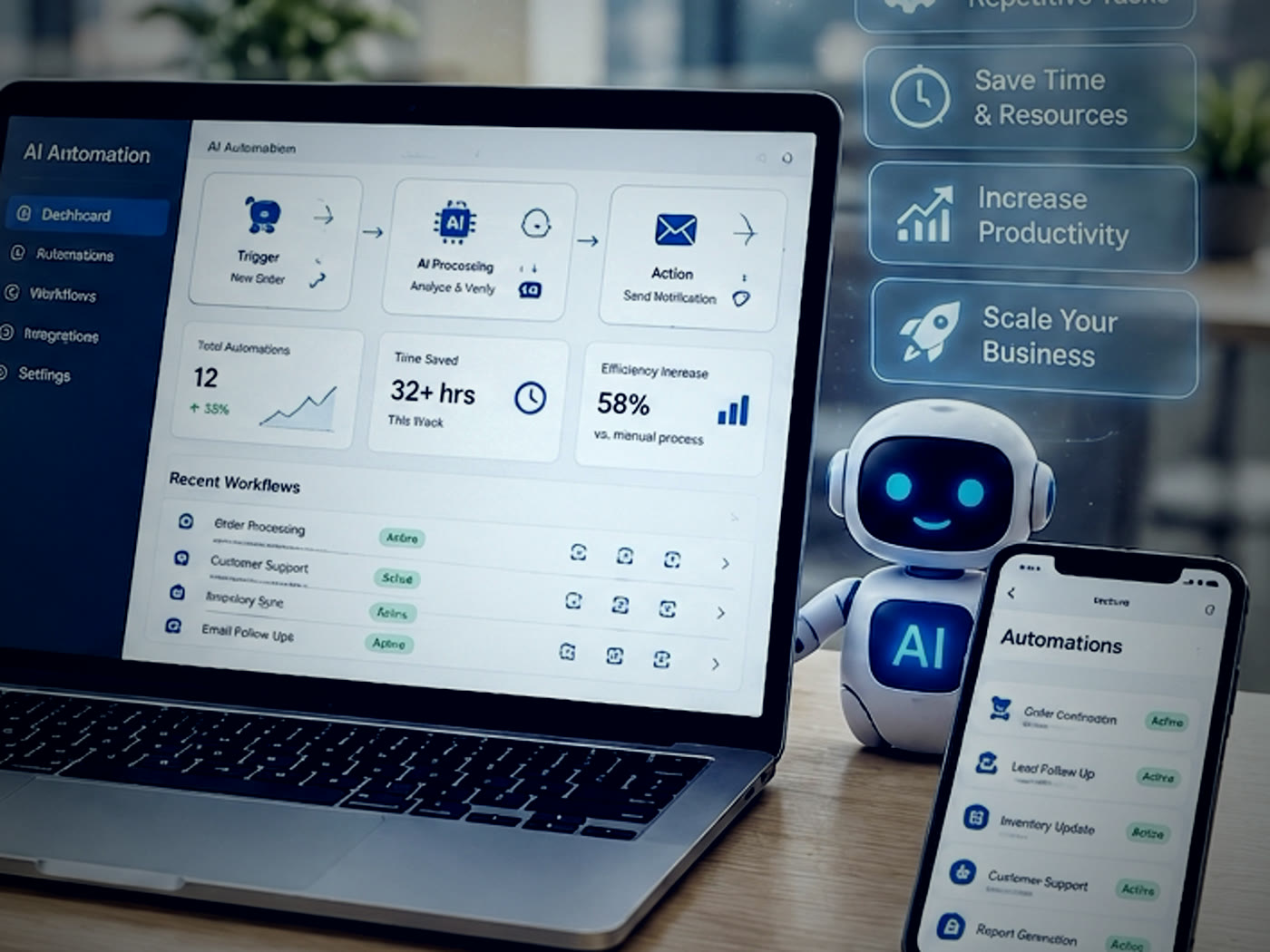 An automation dashboard showing workflow triggers, hours saved and active processes